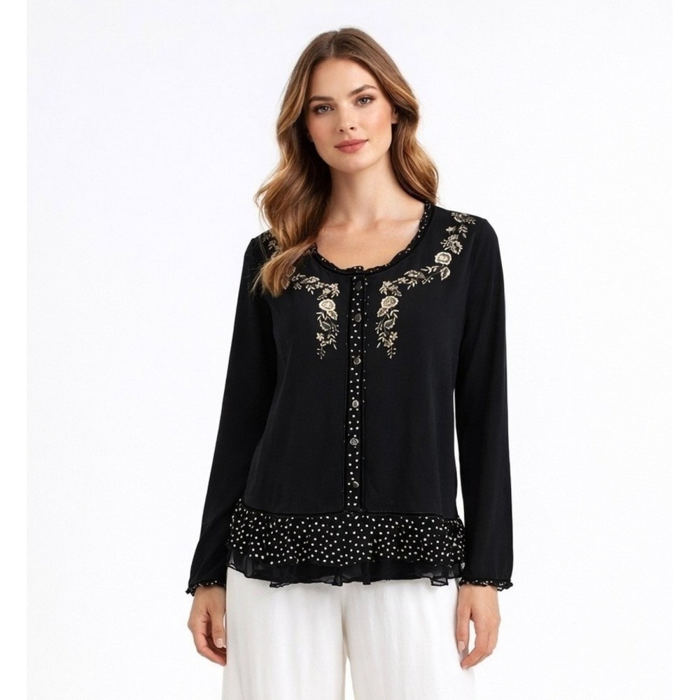 Vintage April Cornell Embroidered Cotton Blouse SM Cottagecore Ruffle Hem Top